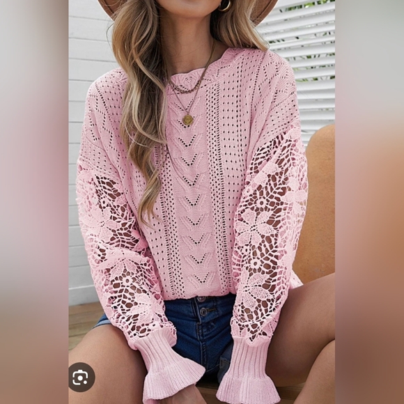 Source Unknown Tops - Unbranded Pink Crochet Knit Sweater with Lace Sleeves, Size XS (Oversized)
